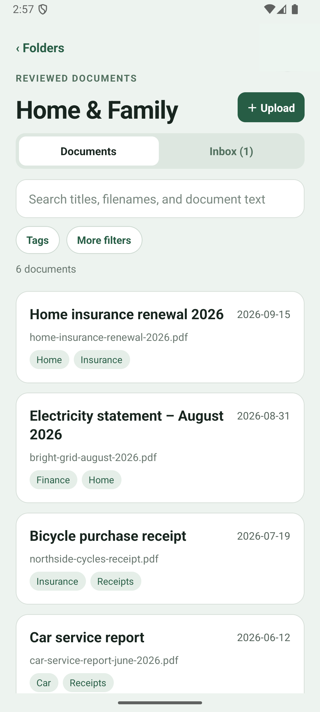 Folderling Android app showing a searchable household document archive